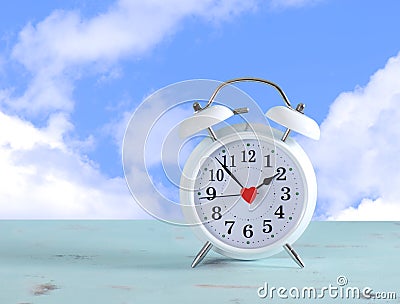 Daylight savings time white clock with sky background. Stock Photo