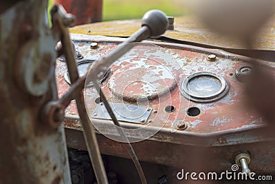 daylight. there is a small tractor in the frame of the dashboard. retro Stock Photo