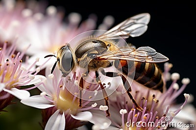 Daylit macro bee graces a flower, natures harmony captured in exquisite detail Stock Photo