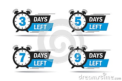 3, 5, 7 days left icon. Limited badges for promotion. Counter down button for sale or deal. Three day left discount sign. Offer Vector Illustration