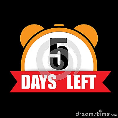 5 days left text. Countdown number five. Red ribbon accent. Vector clock illustration. Vector Illustration