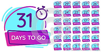 Days to go badge. Business day countdown, release date counter and timer number badges vector illustration set Vector Illustration