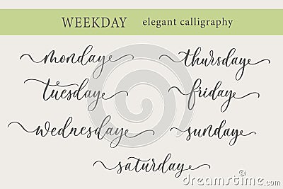 Days of the Week Handwriting Lettering Calligraphy. Sunday, Monday, Tuesday, Wednesday, Thursday, Friday, Saturday. Vector Illustration