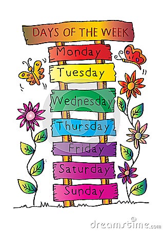 Days of the week with name plate. Cartoon Illustration