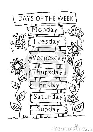 Days of the week with name plate. Cartoon Illustration