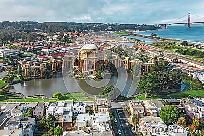 Daytime aerial photo of the Palace of Fine Arts, in San Francisco, California, USA. The Golden Gate Bridge is in the background. Editorial Stock Photo