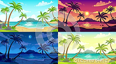Daytime beach landscape. Sunny day seascape, night ocean and sunset beach cartoon vector illustration set Vector Illustration