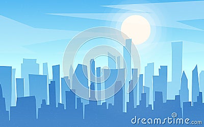 Daytime cartoon flat style cityscape, skyline, skyscrapers panor Vector Illustration