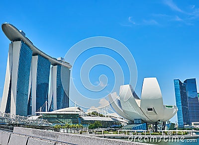 Daytime cityscape of Marina Bay in Singapore with a view of a hotel and Helix bridge. Editorial Stock Photo