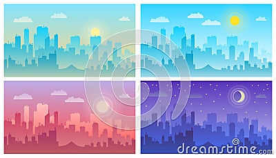 Daytime cityscape. Morning, day and night city skyline landscape, town buildings Vector Illustration