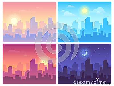 Daytime cityscape. Morning, day and night city skyline landscape, town buildings in different time and urban vector Vector Illustration