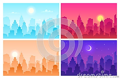 Daytime cityscape. Panoramic urban landscape in different time. Skyscrapers, building silhouettes in day, morning and Vector Illustration