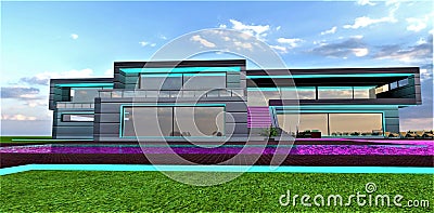 Daytime illumination of the territory of a private estate. Pink and turquoise color. Green lawn pool and stairs. 3d rendering Stock Photo