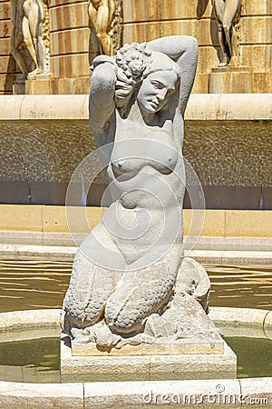 daytime image of the statues of the non-functioning Alameda light source, Lisbon. Stock Photo