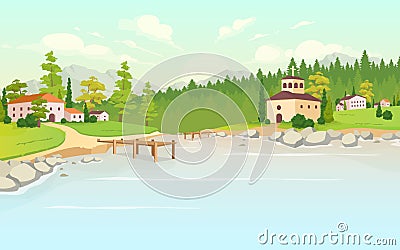 Daytime lake in village flat color vector illustration Vector Illustration