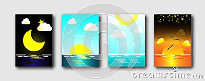 Daytime sea. Morning, day and night skyline, Ocean in different time and sea sky. Abstract background vector illustration set Vector Illustration