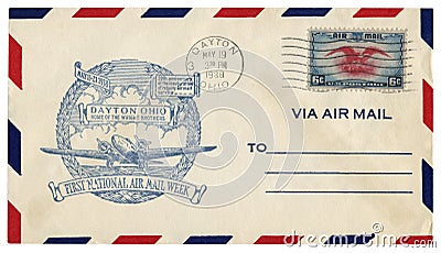 Dayton, Ohio, The USA - 19 MAY 1938: US historical envelope: cover with cachet Home of the Wright brothers, first national Air ma Editorial Stock Photo