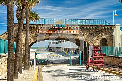 DAYTONA BEACH, FL - FEBRUARY 10, 2016: Entrance to the famous Pier and Boardwalk on a beautiful sunny day Editorial Stock Photo