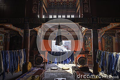 Inside: light streaks shine through window: Beautiful decorated Lamesery, Dazhou Hohhot day Stock Photo