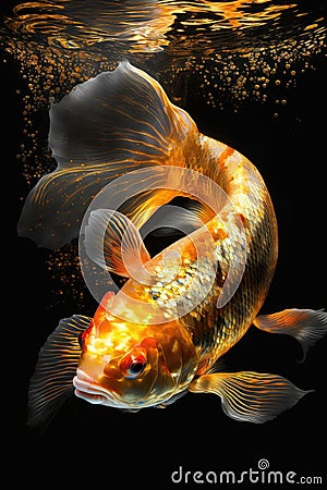 Dazzling Golden Koi Swimming in Water for Invitations and Posters. Stock Photo