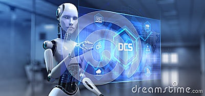 DCS Distributed control system technology. 3d render robot pressing virtual button Stock Photo