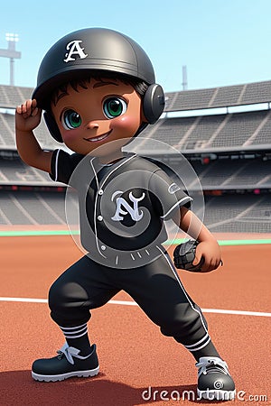 3dcute young baseball player in stadium background. Generative AI Stock Photo