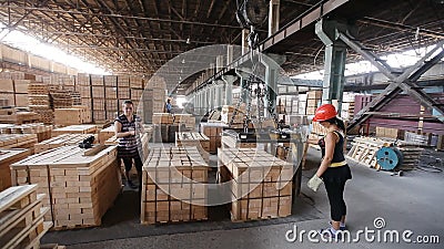 De arbeider van de vrouwenfabriek in helm die verpakking firebricks met kraan van de workshop de op rails gemonteerde brug vervoe stock footage De arbeider van de vrouwenfabriek in helm die verpakking firebricks met kraan van de workshop de op rails gemonteerde brug vervoe stock footage