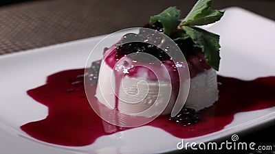 De lengte van een cake van pannacotta op een witte plaat, het schot leidt van de linkerzijde tot het recht stock footage De lengte van een cake van pannacotta op een witte plaat, het schot leidt van de linkerzijde tot het recht stock footage