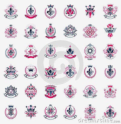 De Lis and crowns vintage heraldic emblems vector big set, antique heraldry symbolic badges and awards collection with lily flower Vector Illustration