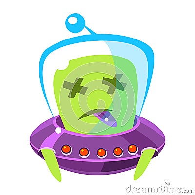 Dead alien in a flying saucer, cute cartoon monster. Colorful vector character Vector Illustration