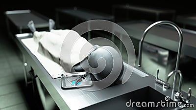 The dead alien in the morgue on the table. Futuristic autopsy concept. 3d rendering. Stock Photo