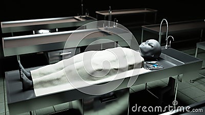 The dead alien in the morgue on the table. Futuristic autopsy concept. 3d rendering. Stock Photo