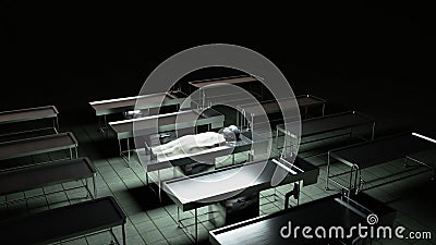 The dead alien in the morgue on the table. Futuristic autopsy concept. 3d rendering. Stock Photo