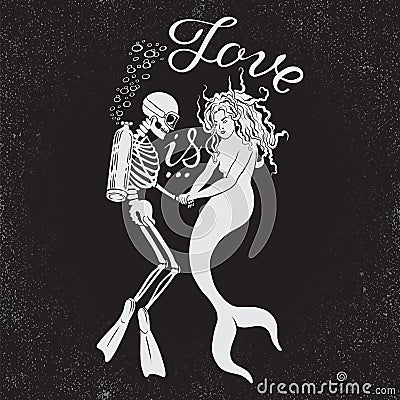 Dead diver with mermaid and phrase Love is. Vector Illustration