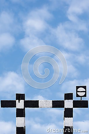 Dead end no through train railroad traffic sign isolated old grungy trains railway stop symbol signal signage black white Stock Photo