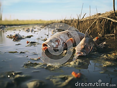Dead fish in a dirty lake with garbage, in bad environment, Generative AI, generative artificial intelligence Stock Photo