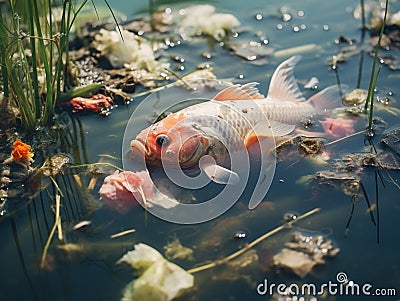 Dead fish in a dirty lake with garbage, in bad environment, Generative AI, generative artificial intelligence Stock Photo