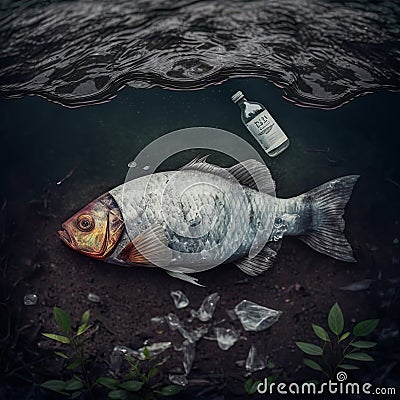 Dead fish with plastic trash in the ocean. Pollution in the seas and rivers by plastic waste. Environmental pollution concept. Ai Stock Photo