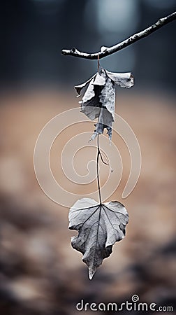 a dead leaf hanging from a branch in front of a blurry background Stock Photo