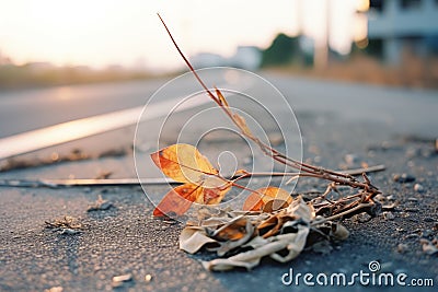 a dead leaf lying on the ground in the middle of an empty road Stock Photo