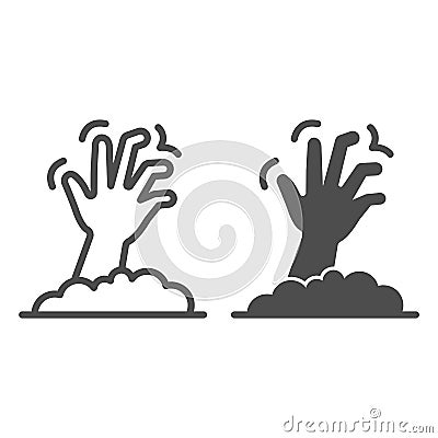 Dead man hand line and solid icon, halloween concept, zombie hand breaking out from under ground sign on white Vector Illustration