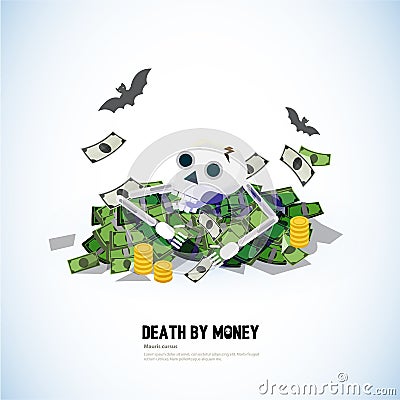 Dead with money. skull and money bank - Cartoon Illustration