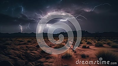 A dramatic lightning storm illuminating the night sky over a remote desert landscape created with Generative AI Stock Photo