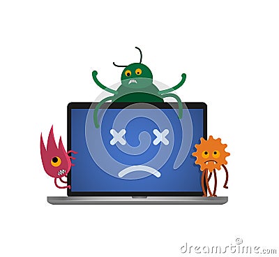 Dead personal computer due to virus attack illustration. Fatal error on laptop Cartoon Illustration