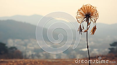 a dead plant in the middle of a field with mountains in the background Stock Photo