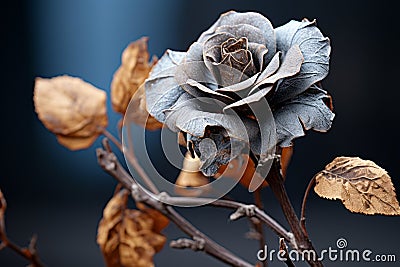 a dead rose with dried leaves on a dark background Stock Photo