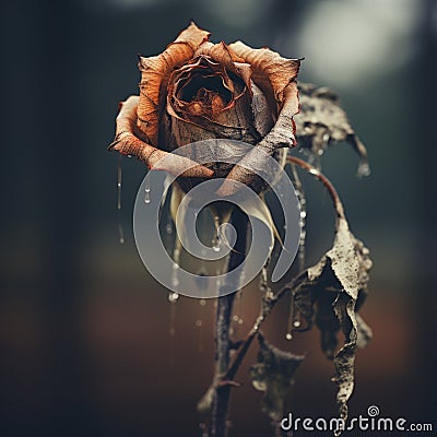 A dead rose with water droplets on it, AI Stock Photo