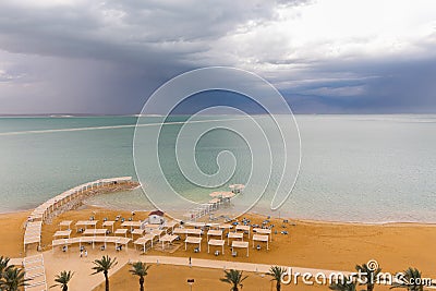 Dead sea beach shore tourist hotels, Ein Bokek. Stock Photo