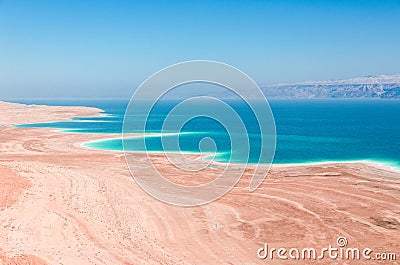 Dead Sea coastline in desert uninhabited extraterrestrial landscape Stock Photo