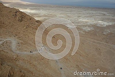Dead Sea During Winter Showing Hiking Trail up to Masada Stock Photo